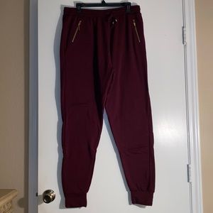Wine Fleece Pants with Gold Zippers